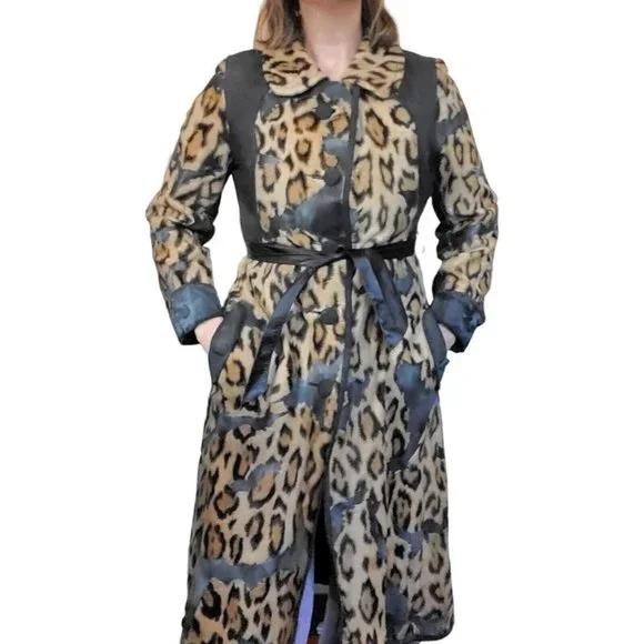 VTG 60s Small Faux Fur Leather Animal Print Leopard Statement Trench Jacket Coat - Picture 3 of 14